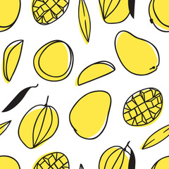 Doodle seamless pattern with Tropical Mango . Hand drawn stylish fruit and vegetable. Vector artistic drawing fresh organic food. Summer illustration vegan ingrediens for smoothies