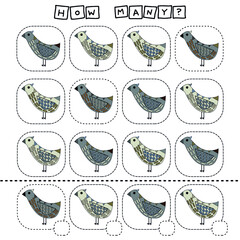 How many counting game with funny  bird. Worksheet for preschool kids, kids activity sheet, printable worksheet