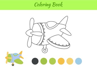 Coloring book airplane for children. Educational activity page for preschool years kids and toddlers with transport. Printable worksheet. Cartoon colorful vector illustration.