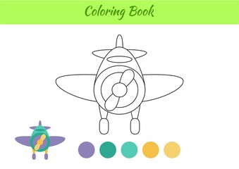 Coloring book airplane for children. Educational activity page for preschool years kids and toddlers with transport. Printable worksheet. Cartoon colorful vector illustration.
