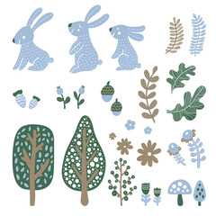 Cute rabbits in the Scandinavian forest. Set.