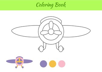 Coloring book plane for children. Educational activity page for preschool years kids and toddlers with transport. Printable worksheet. Cartoon colorful vector illustration.