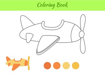 Obraz premium Coloring book plane for kids. Educational activity page for preschool years kids and toddlers with transport. Printable worksheet. Cartoon colorful vector illustration.