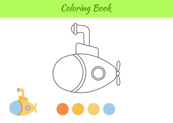 Coloring book submarine for kids. Educational activity page for preschool years kids and toddlers with transport. Printable worksheet. Cartoon colorful vector illustration.