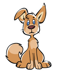 Cute cartoon sad dog sitting on the white background