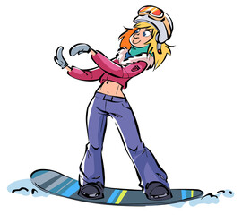 Cute cartoon Young woman snowboarding shows the line with her hands.