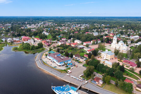 Aerial view of the city of Myshkin and the Volga river. Russia