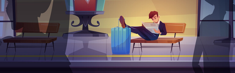 Business man on railway station waiting train, boring male character read newspaper with legs lying on suitcase at railroad platform with benches in passengers area, Cartoon vector illustration