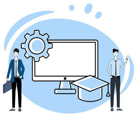 Technical education.Online courses and video lessons.People on the background of the monitor.Flat vector illustration.