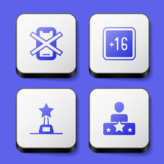 Set No cell phone, Plus 16 movie, Movie trophy and Actor star icon. White square button. Vector