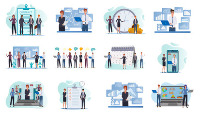 Time management,business meeting, video conference, contract signing.A set of flat icons vector illustrations on the topic of business and technology.