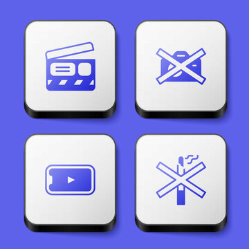 Set Movie clapper, Prohibition no video recording, Online play and No smoking icon. White square button. Vector
