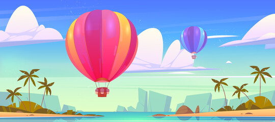 Hot air balloons flying in sky above tropical island with palm trees in ocean. Scenery landscape background with aerostat with basket and sand sacks extreme flight travel, Cartoon vector illustration