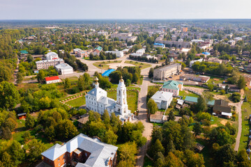 View from drone of Buy town with Blagoveshchensky cathedral at Kostroma region, Russia