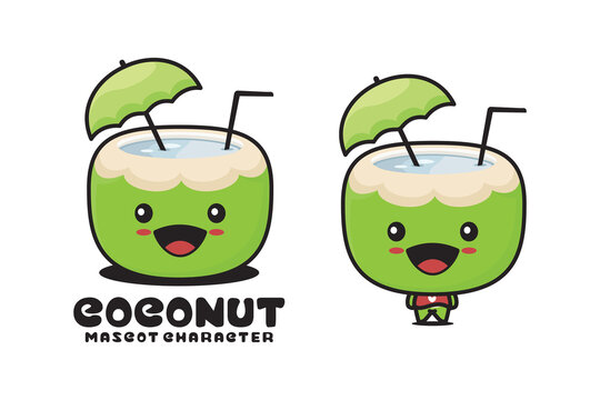 Cute Coconut Mascot, Natural Drink Cartoon Illustration