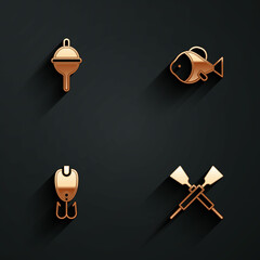 Set Fishing float, lure and Crossed oars or paddles boat icon with long shadow. Vector