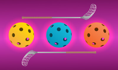 A ball and a floorball stick. Floorball is a kind of hockey game.