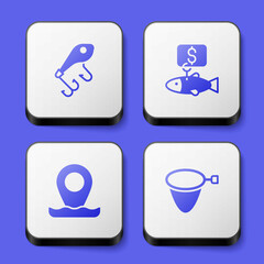 Set Fishing lure, Price tag for fish, Location fishing and net icon. White square button. Vector