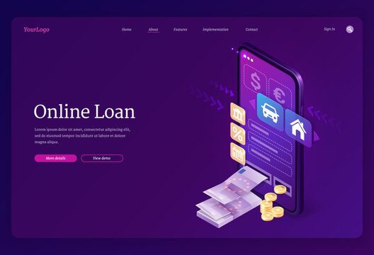 Online Loan Website. Mobile Service For Receive Financial Credit. Vector Landing Page Of Banking Lending With Isometric Smartphone, Money Cash, Icons Of House And Car On Phone Screen