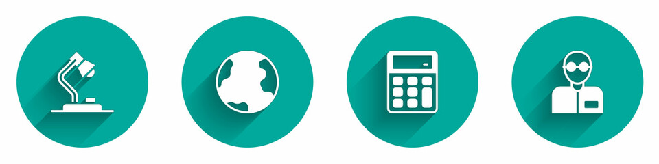 Set Table lamp, Earth globe, Calculator and Teacher icon with long shadow. Vector