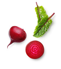 Beetroot with leaves isolated on white background with a soft shadow. Top view