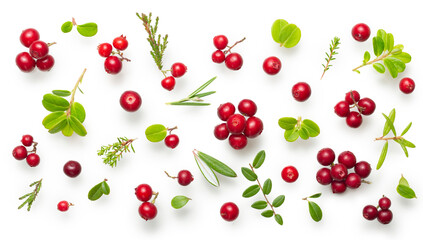 Fresh wild lingonberry berries with stem and leaves isolated on white background. Set of red cowberry and cranberry with a soft shadow. Top view