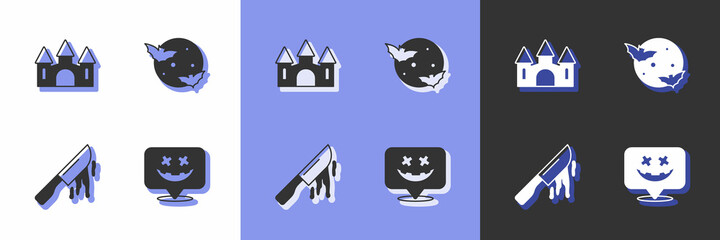 Obraz na płótnie Canvas Set Happy Halloween holiday, Castle, Bloody knife and Moon and stars icon. Vector