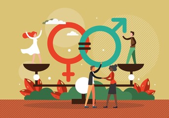 Gender equality. Woman man standing on balance scales on the same height, vector illustration. Equal rights, salary, job