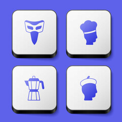 Set Carnival mask, Italian cook, Coffee maker moca pot and French man icon. White square button. Vector