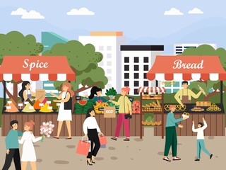 Local market place. People buying fresh fruits, vegetables, spices, bread, flat vector illustration.