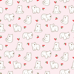 Seamless Pattern with Cartoon White Bear and Cherry Design on Light Pink Background