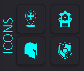 Set Shield, Crusade, Medieval throne and helmet icon. Black square button. Vector