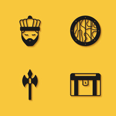 Set King with crown, Antique treasure chest, Medieval axe and Round wooden shield icon with long shadow. Vector