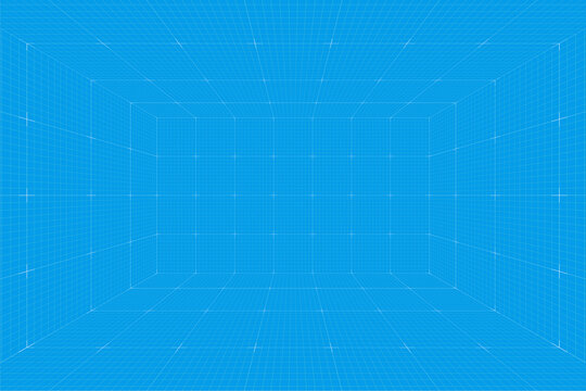 Grid perspective blueprint room. Wireframe millimeter paper background. Digital cyber box technology model. Vector blank architectural template