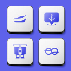 Set Inflatable boat with motor, Anchor, Binoculars and Nautical rope knots icon. White square button. Vector