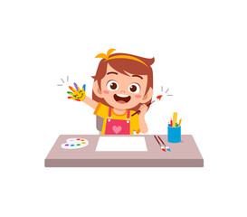 cute little girl using paint to hand for art