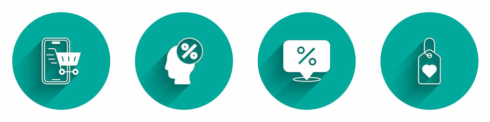 Set Mobile with shopping cart, Discount percent tag, and Heart icon with long shadow. Vector