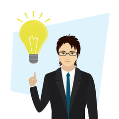 Asian businessman with big yellow light bulb. Brainstorm, new business idea. Male employee successfully solves business tasks and problems. Confident white collar worker.