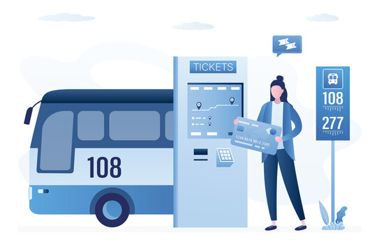 Passenger buys bus ticket through terminal. Businesswoman uses ticket machine. Self-service travel pass technology. Bus, public transport. Woman holds credit card for fare payment.