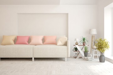 Autumn concept of living room with sofa. Scandinavian interior design. 3D illustration