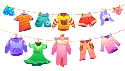 Kids fashion garment for boys and girls hanging on clothes line. Vector cartoon illustration of cute children apparel, t-shirts, shorts, dress, pajamas in shape of unicorn, sweaters, hat and pants