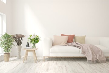 Soft color living room with sofa. Scandinavian interior design. 3D illustration