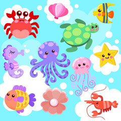 Cute sea animals set cartoon vector 