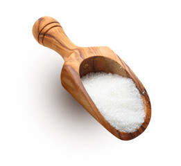 Wooden spoon of white sugar isolated on white background