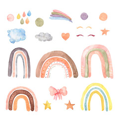 Watercolor boho rainbow, stars, cloud, rain,bow collection. Baby shower invitation. Perfect for logo, cards, wrapping, textile, paper and other design. Scandinavian style - 459824377