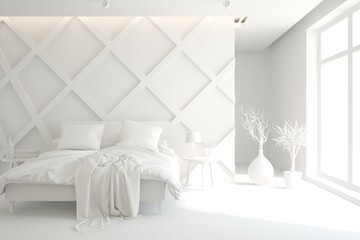 Modern bedroom in white color. Scandinavian interior design. 3D illustration