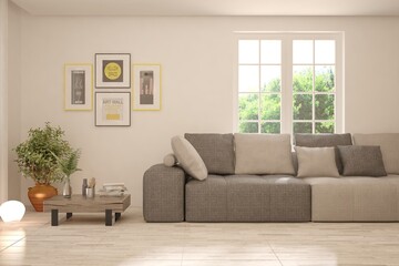 White living room with sofa and summer landscape in window. Scandinavian interior design. 3D illustration