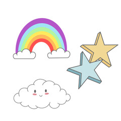 Set Illustrations rainbow,star and cloud isolated in white. Digital funny cloud, Pastel illustration for kids. Cartoon cute elements