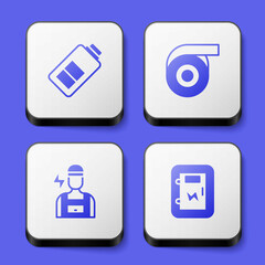 Set Battery charge, Roll adhesive tape, Electrician and Electrical panel icon. White square button. Vector