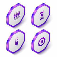 Set Isometric Dried fish, Beer can, Salami sausage and Bottle cap icon. Purple hexagon button. Vector